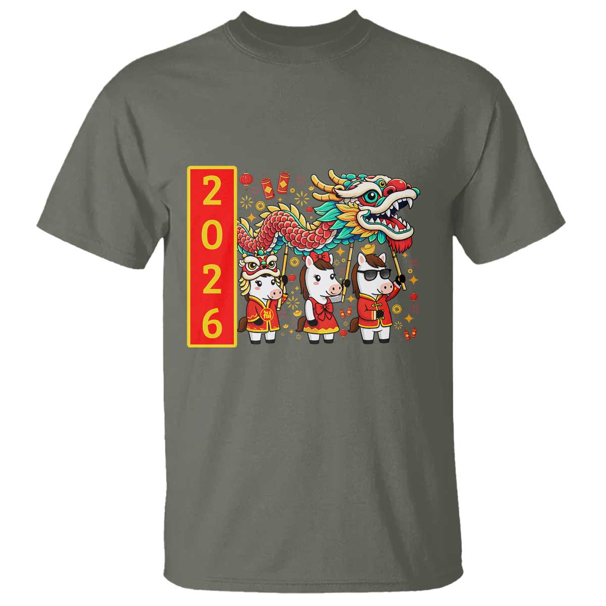 Cute Horse Dragon Dance T Shirt Lunar New Year TS12 Military Green Print Your Wear