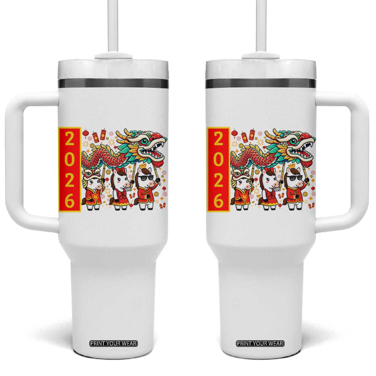 Cute Horse Dragon Dance Tumbler With Handle Lunar New Year TS12 One Size: 40 oz White Print Your Wear
