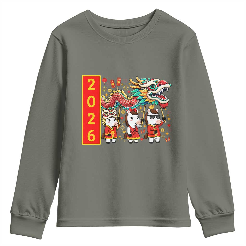 Cute Horse Dragon Dance Youth Sweatshirt Lunar New Year TS12 Military Green Print Your Wear