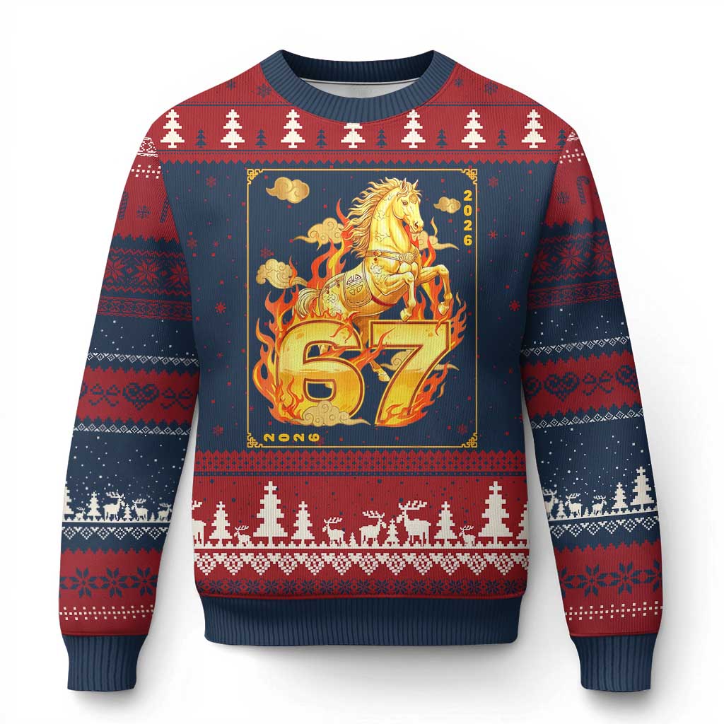 Funny Horse Six Seven Meme Ugly Christmas Sweater Happy Lunar New Year TS12 Navy Red Print Your Wear
