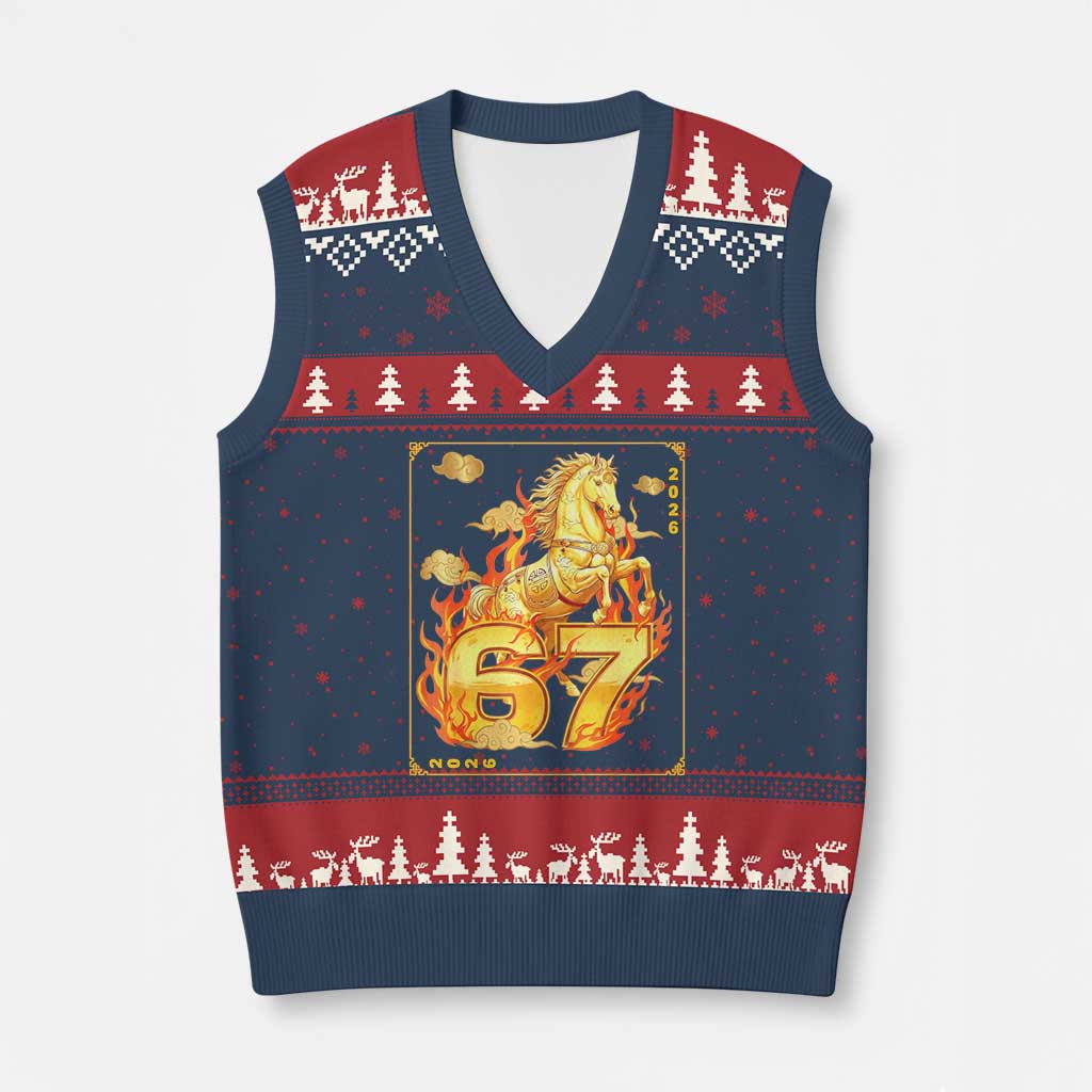 Funny Horse Six Seven Meme V-Neck Knit Sweater Vest Happy Lunar New Year TS12 Navy Red Print Your Wear