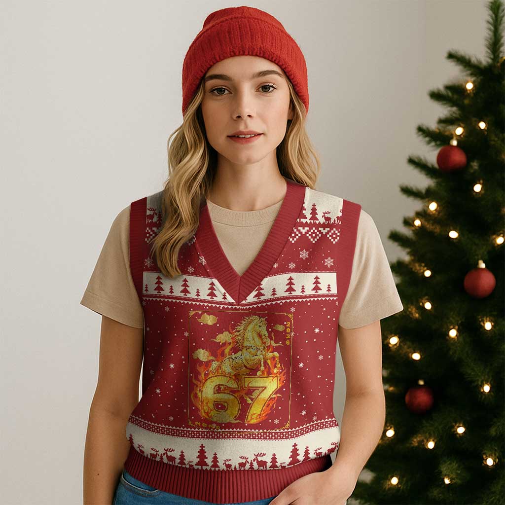 Funny Horse Six Seven Meme V-Neck Knit Sweater Vest Happy Lunar New Year TS12 Red Beige Print Your Wear