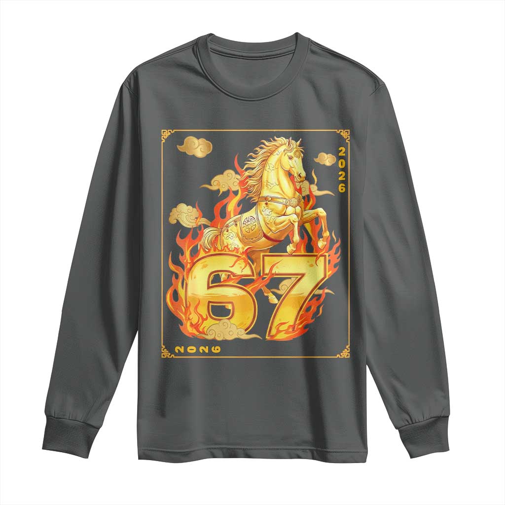 Funny Horse Six Seven Meme Long Sleeve Shirt Happy Lunar New Year TS12 Dark Heather Print Your Wear