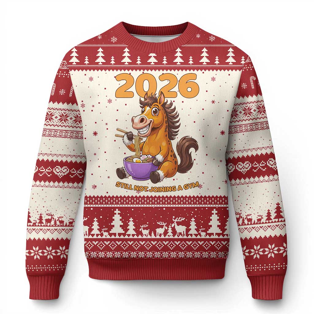 Still Not Joining A Gym Lunar New Year Ugly Christmas Sweater Funny Horse Eating Ramen TS12 Beige Red Print Your Wear