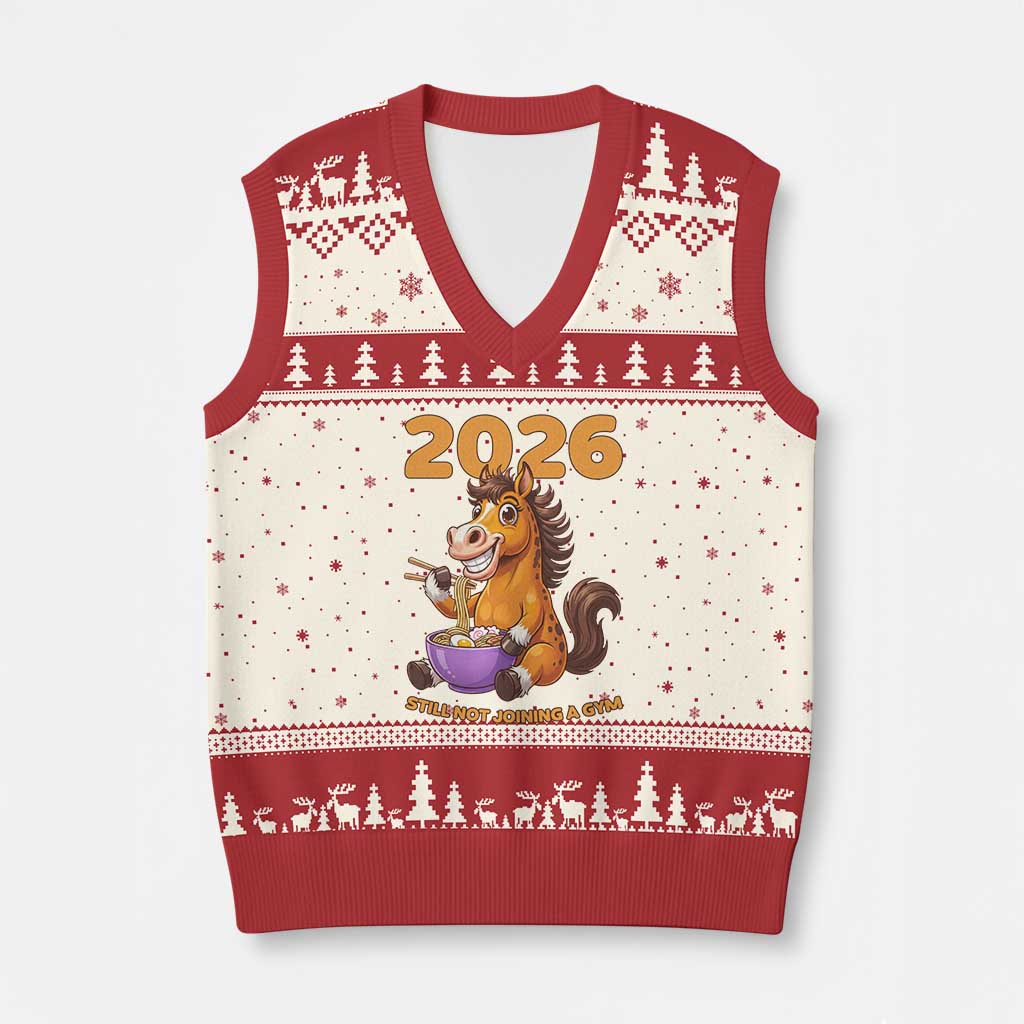 Still Not Joining A Gym Lunar New Year V-Neck Knit Sweater Vest Funny Horse Eating Ramen TS12 Beige Red Print Your Wear