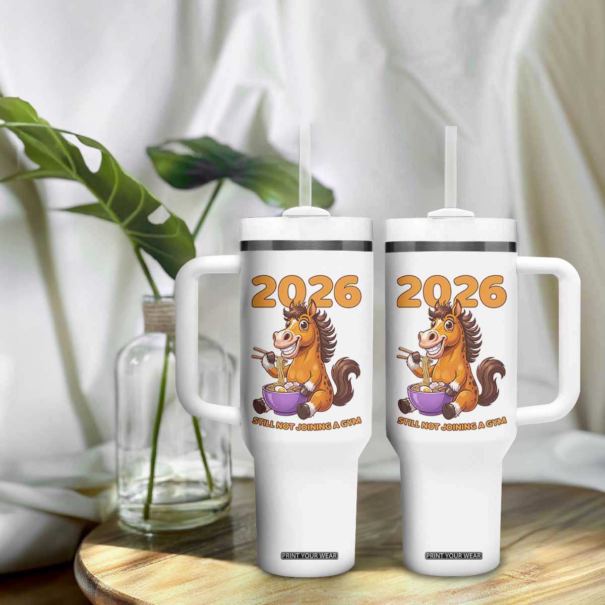 Still Not Joining A Gym Lunar New Year Tumbler With Handle Funny Horse Eating Ramen TS12 Print Your Wear