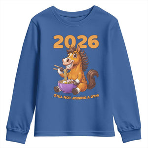Still Not Joining A Gym Lunar New Year Youth Sweatshirt Funny Horse Eating Ramen TS12 Royal Blue Print Your Wear