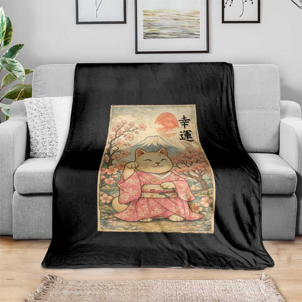 Japanese Anime Maneki Neko Throw Blanket Kawaii Waving Cat Good Luck Kanji TS12 Print Your Wear