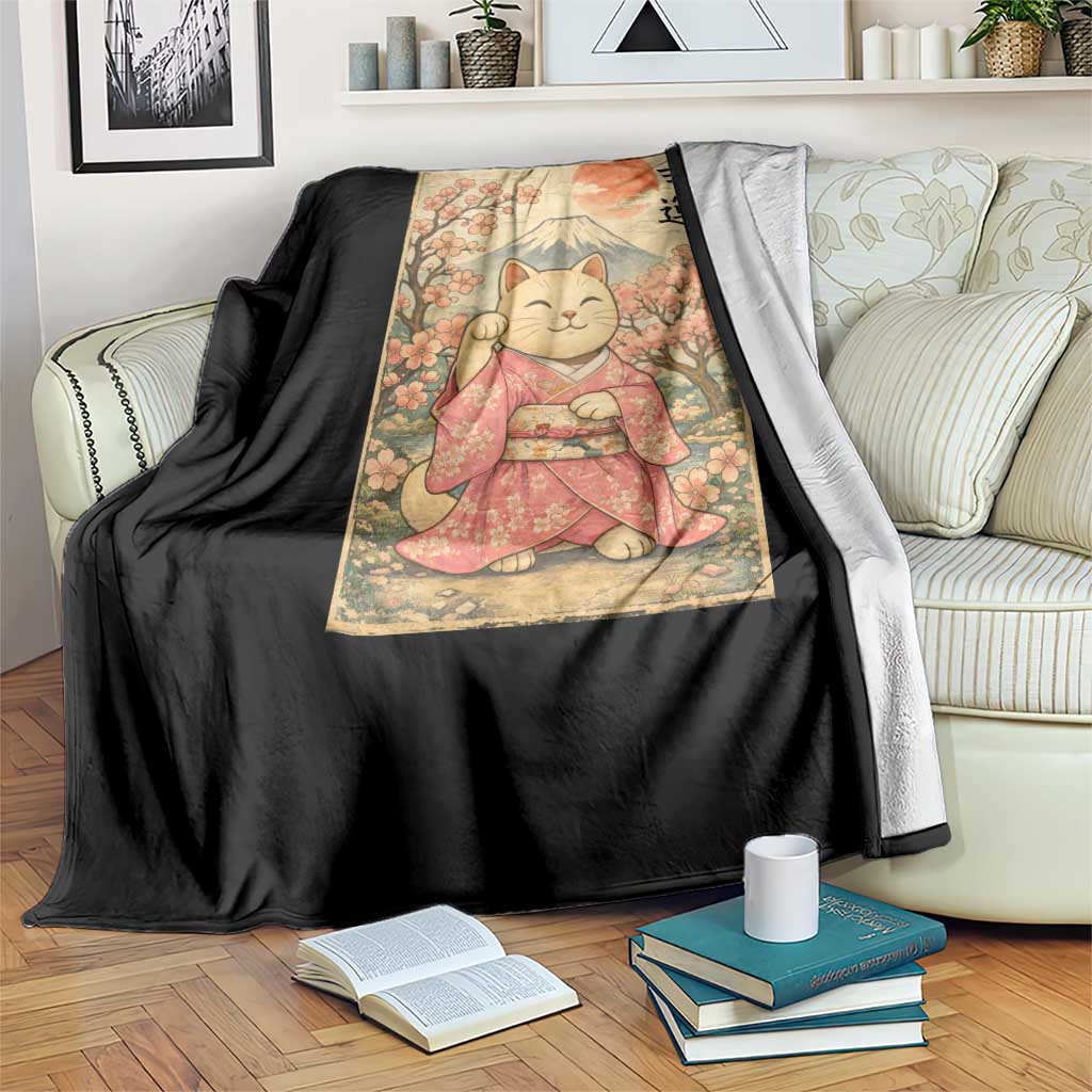 Japanese Anime Maneki Neko Throw Blanket Kawaii Waving Cat Good Luck Kanji TS12 Print Your Wear