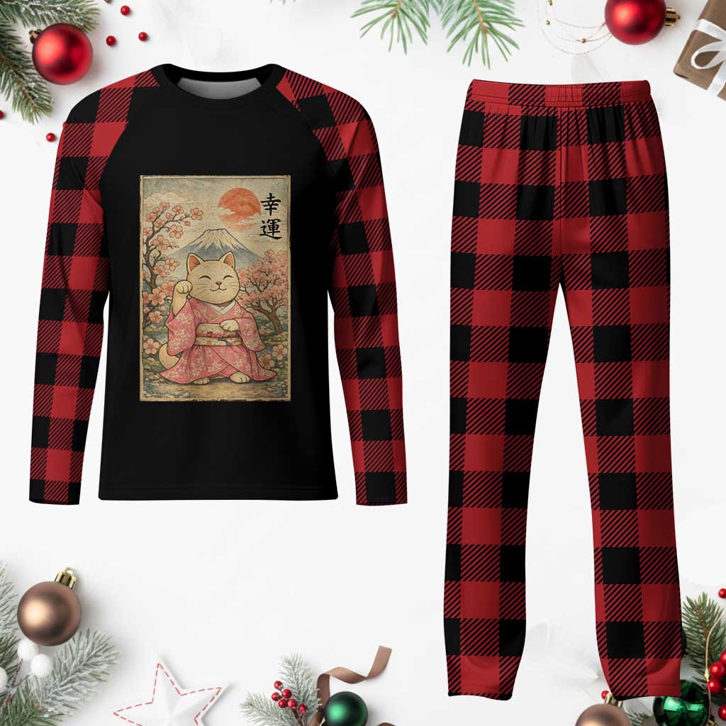 Japanese Anime Maneki Neko Plaid Pajama Set Kawaii Waving Cat Good Luck Kanji TS12 Buffalo Plaid Print Your Wear