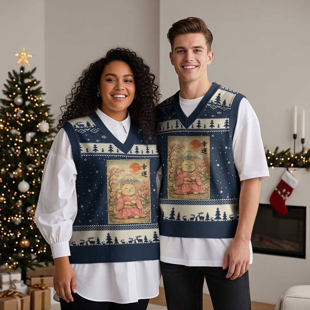 Japanese Anime Maneki Neko V-Neck Knit Sweater Vest Kawaii Waving Cat Good Luck Kanji TS12 Navy Beige Print Your Wear