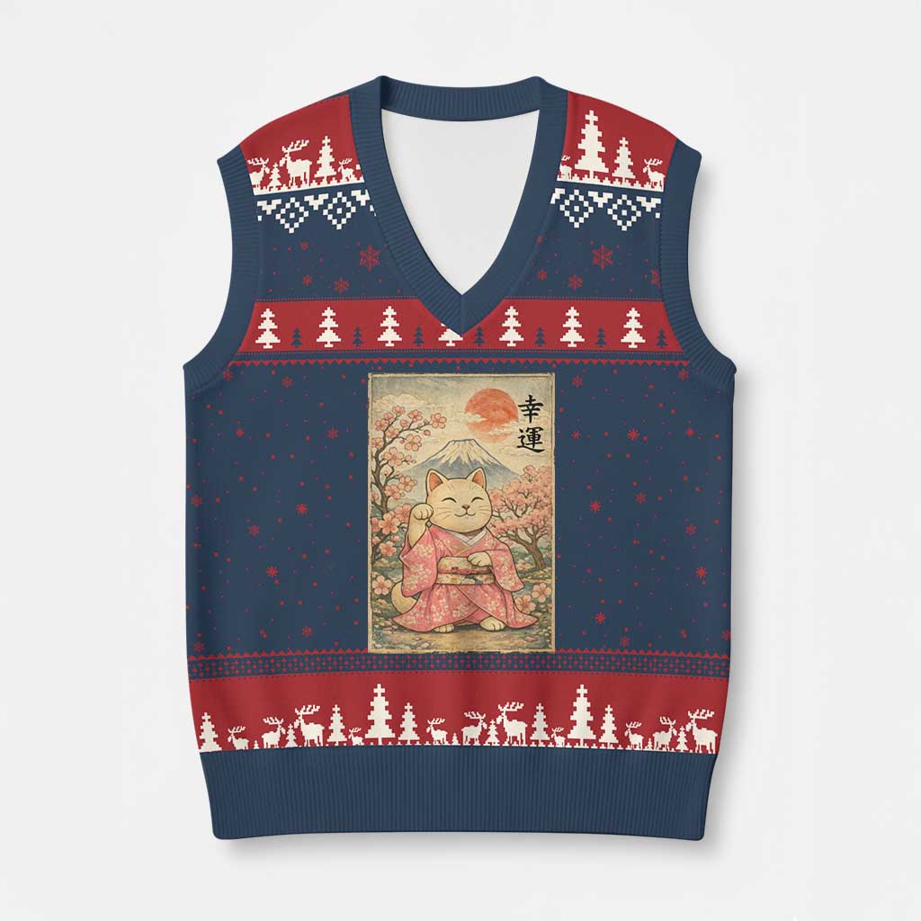 Japanese Anime Maneki Neko V-Neck Knit Sweater Vest Kawaii Waving Cat Good Luck Kanji TS12 Navy Red Print Your Wear