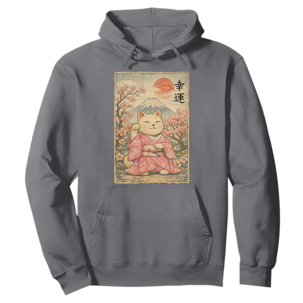 Japanese Anime Maneki Neko Hoodie Kawaii Waving Cat Good Luck Kanji TS12 Charcoal Print Your Wear