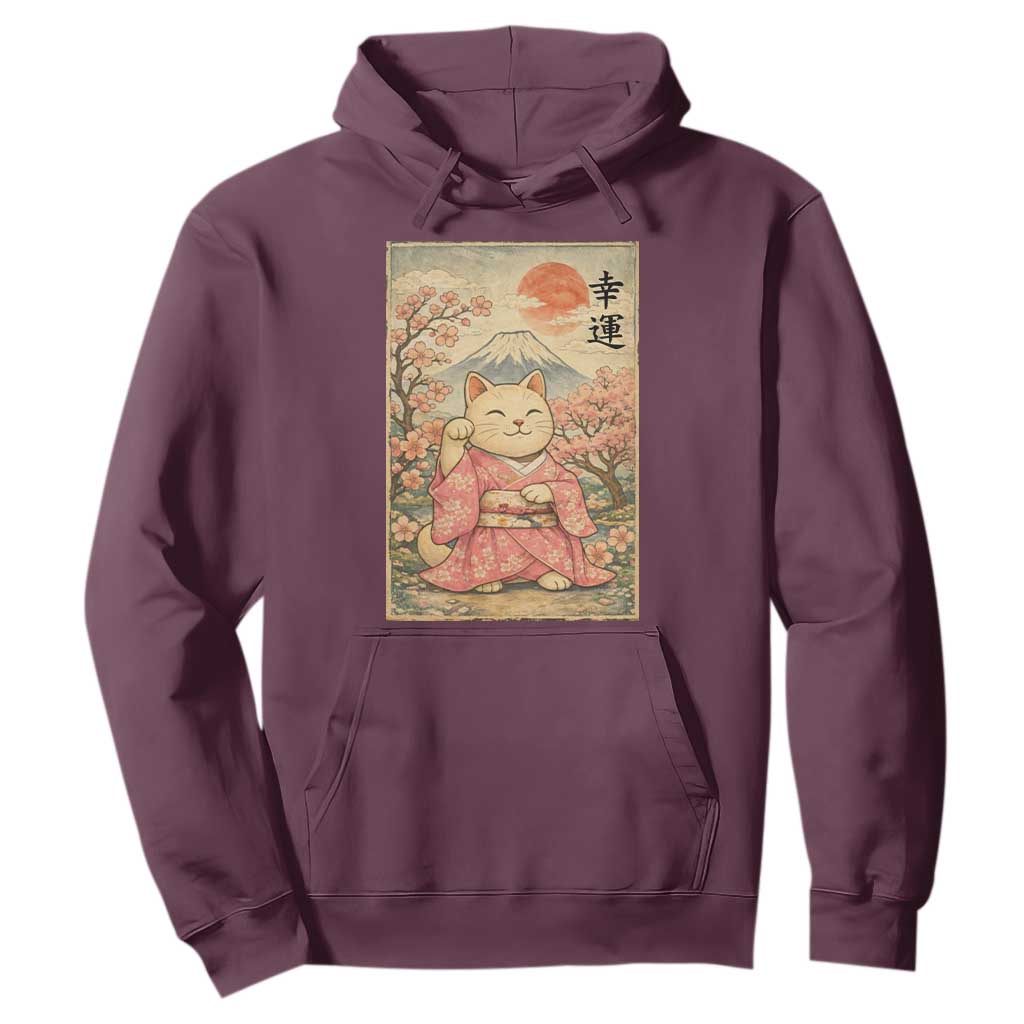 Japanese Anime Maneki Neko Hoodie Kawaii Waving Cat Good Luck Kanji TS12 Maroon Print Your Wear