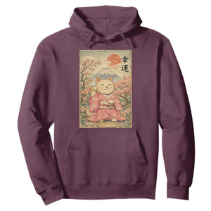 Japanese Anime Maneki Neko Hoodie Kawaii Waving Cat Good Luck Kanji TS12 Maroon Print Your Wear