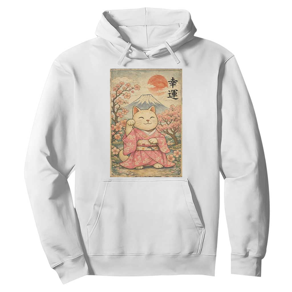Japanese Anime Maneki Neko Hoodie Kawaii Waving Cat Good Luck Kanji TS12 White Print Your Wear