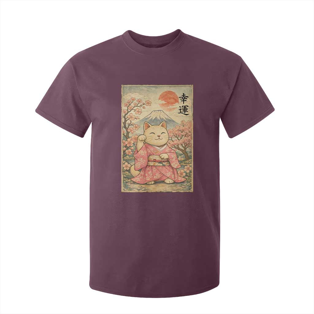 Japanese Anime Maneki Neko T Shirt For Kid Kawaii Waving Cat Good Luck Kanji TS12 Maroon Print Your Wear