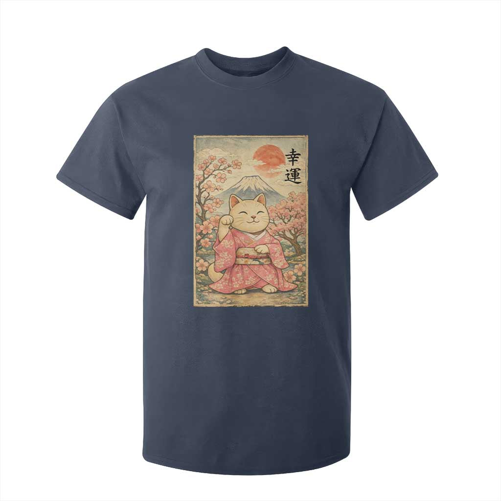 Japanese Anime Maneki Neko T Shirt For Kid Kawaii Waving Cat Good Luck Kanji TS12 Navy Print Your Wear