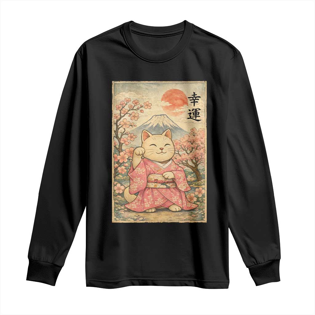 Japanese Anime Maneki Neko Long Sleeve Shirt Kawaii Waving Cat Good Luck Kanji TS12 Black Print Your Wear