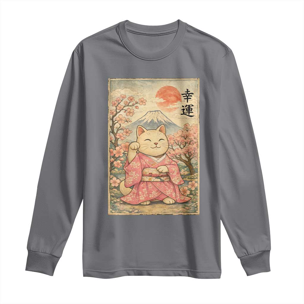 Japanese Anime Maneki Neko Long Sleeve Shirt Kawaii Waving Cat Good Luck Kanji TS12 Charcoal Print Your Wear
