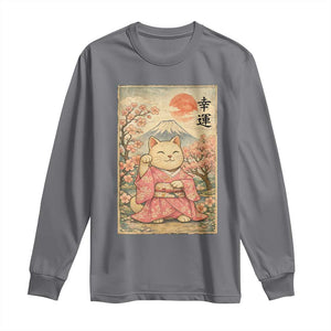 Japanese Anime Maneki Neko Long Sleeve Shirt Kawaii Waving Cat Good Luck Kanji TS12 Charcoal Print Your Wear