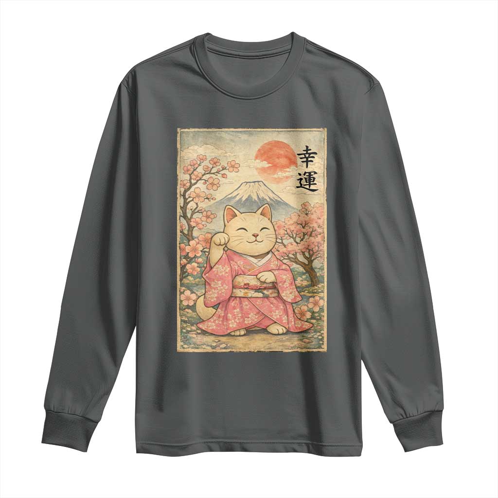 Japanese Anime Maneki Neko Long Sleeve Shirt Kawaii Waving Cat Good Luck Kanji TS12 Dark Heather Print Your Wear