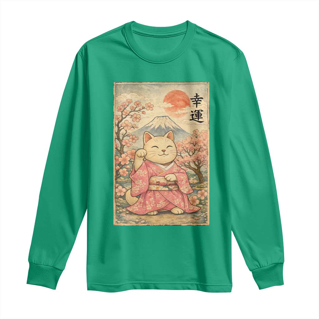 Japanese Anime Maneki Neko Long Sleeve Shirt Kawaii Waving Cat Good Luck Kanji TS12 Irish Green Print Your Wear