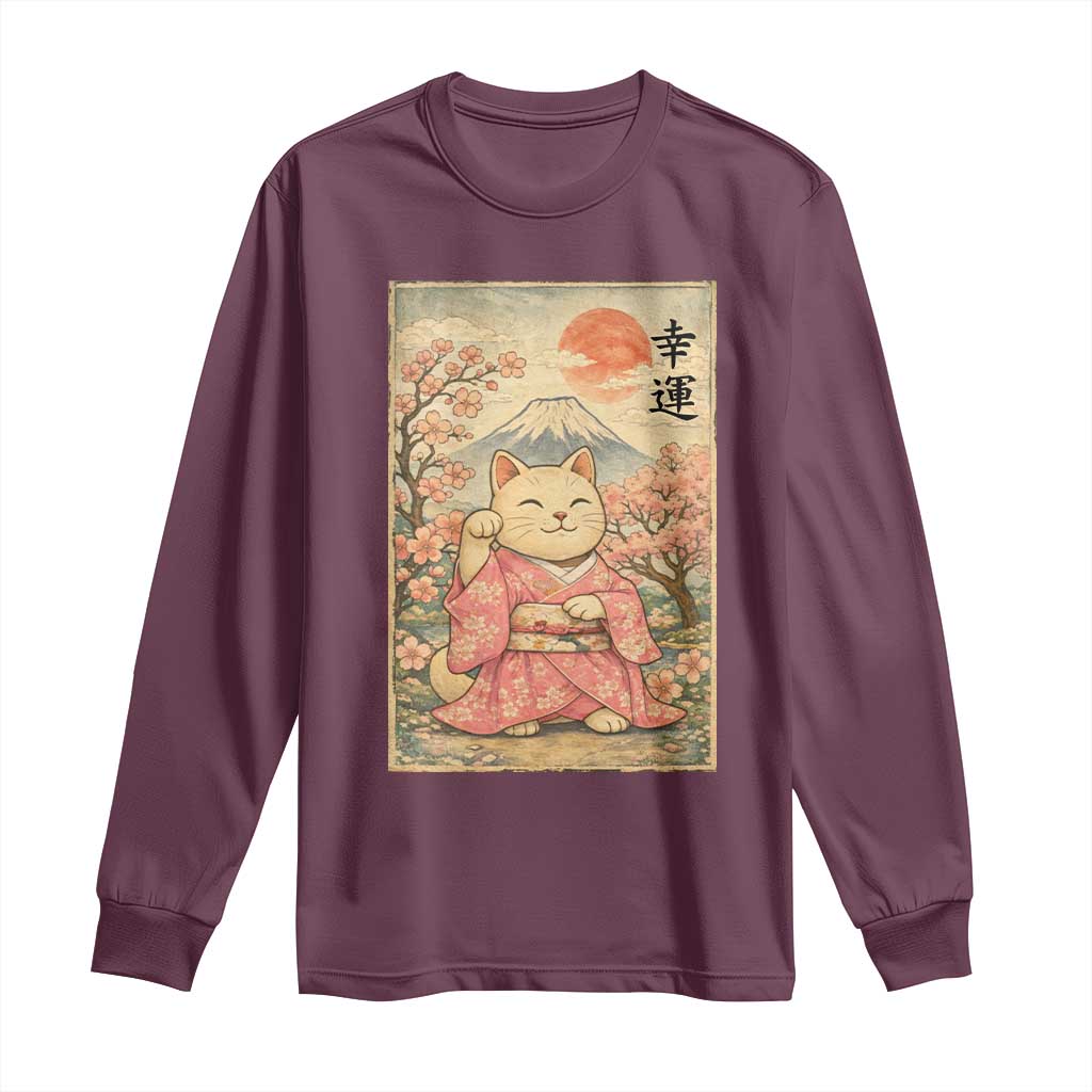 Japanese Anime Maneki Neko Long Sleeve Shirt Kawaii Waving Cat Good Luck Kanji TS12 Maroon Print Your Wear