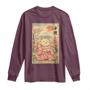 Japanese Anime Maneki Neko Long Sleeve Shirt Kawaii Waving Cat Good Luck Kanji TS12 Maroon Print Your Wear