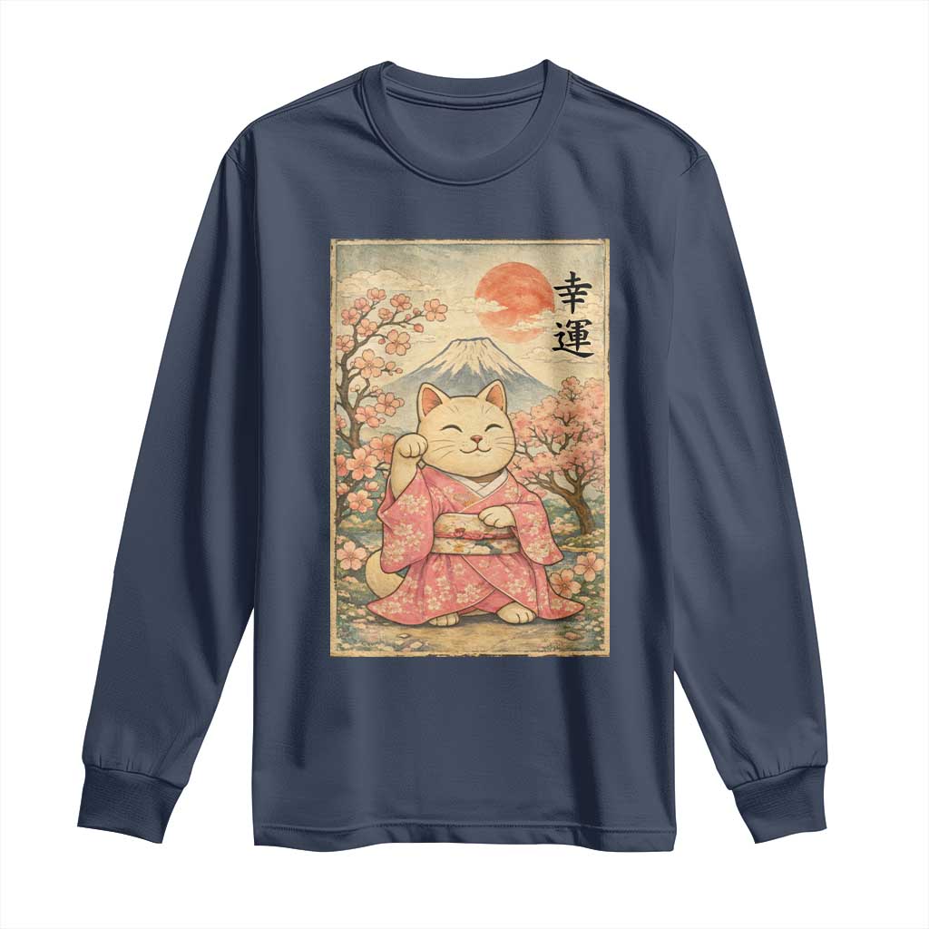 Japanese Anime Maneki Neko Long Sleeve Shirt Kawaii Waving Cat Good Luck Kanji TS12 Navy Print Your Wear