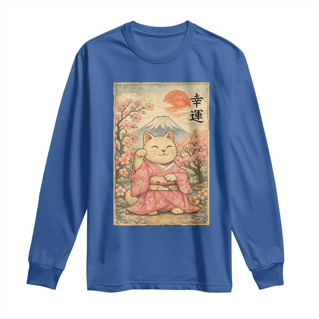 Japanese Anime Maneki Neko Long Sleeve Shirt Kawaii Waving Cat Good Luck Kanji TS12 Royal Blue Print Your Wear