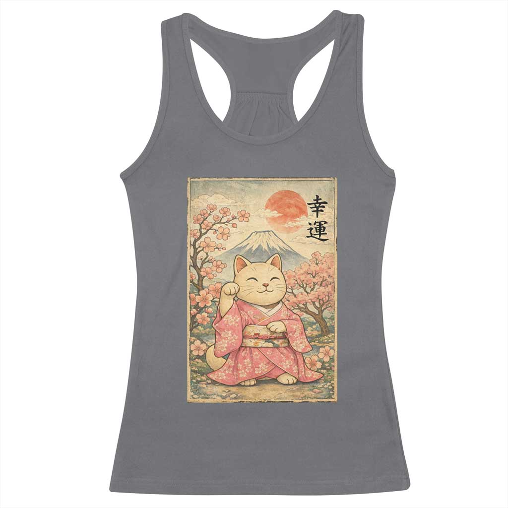 Japanese Anime Maneki Neko Racerback Tank Top Kawaii Waving Cat Good Luck Kanji TS12 Charcoal Print Your Wear