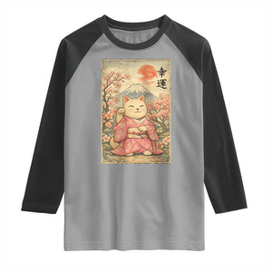 Japanese Anime Maneki Neko Raglan Shirt Kawaii Waving Cat Good Luck Kanji TS12 Sport Gray Black Print Your Wear