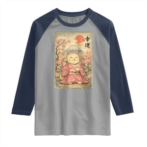 Japanese Anime Maneki Neko Raglan Shirt Kawaii Waving Cat Good Luck Kanji TS12 Sport Gray Navy Print Your Wear