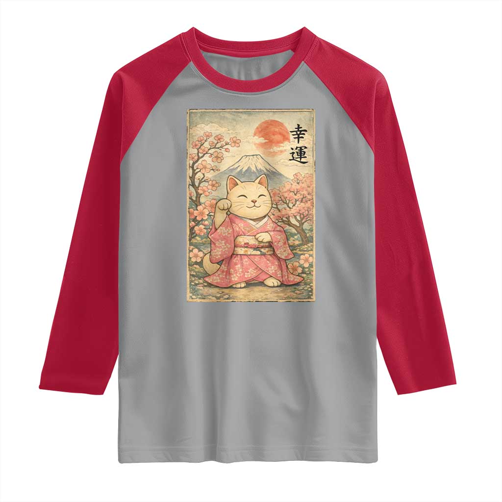 Japanese Anime Maneki Neko Raglan Shirt Kawaii Waving Cat Good Luck Kanji TS12 Sport Gray Red Print Your Wear