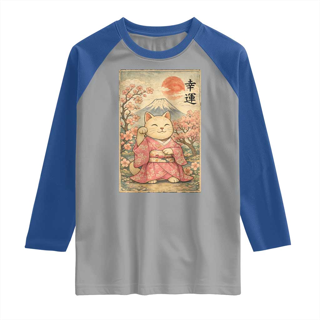 Japanese Anime Maneki Neko Raglan Shirt Kawaii Waving Cat Good Luck Kanji TS12 Sport Gray Royal Print Your Wear
