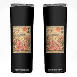 Japanese Anime Maneki Neko Skinny Tumbler Kawaii Waving Cat Good Luck Kanji TS12 Black Print Your Wear