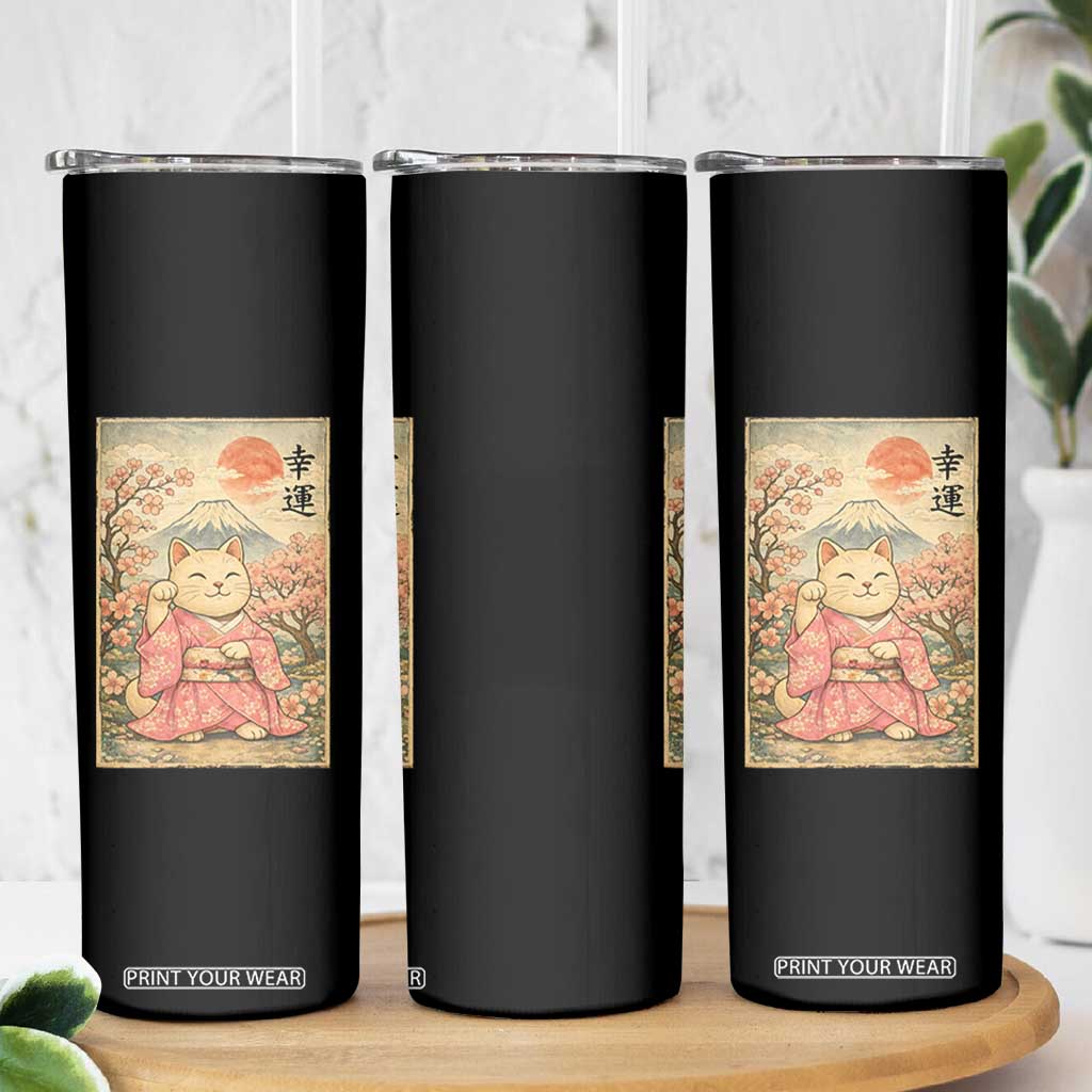 Japanese Anime Maneki Neko Skinny Tumbler Kawaii Waving Cat Good Luck Kanji TS12 Print Your Wear