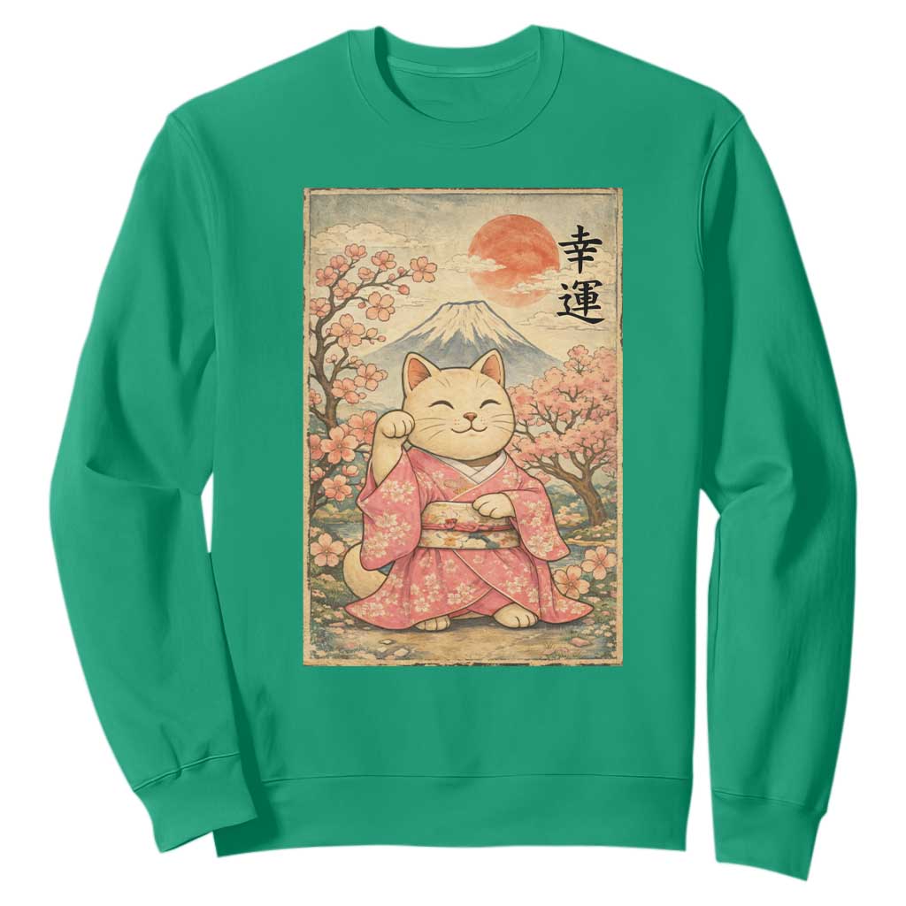 Japanese Anime Maneki Neko Sweatshirt Kawaii Waving Cat Good Luck Kanji TS12 Irish Green Print Your Wear