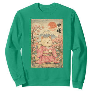 Japanese Anime Maneki Neko Sweatshirt Kawaii Waving Cat Good Luck Kanji TS12 Irish Green Print Your Wear