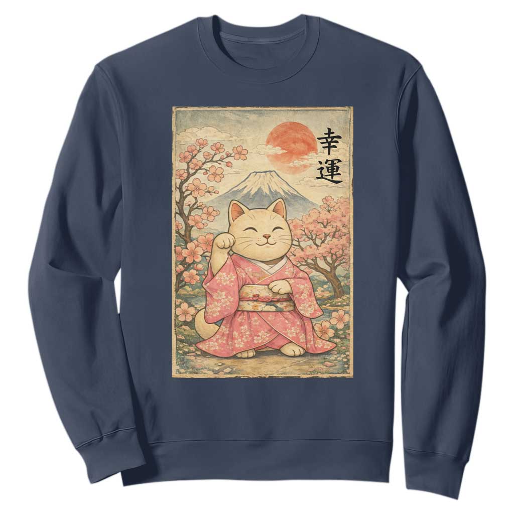 Japanese Anime Maneki Neko Sweatshirt Kawaii Waving Cat Good Luck Kanji TS12 Navy Print Your Wear