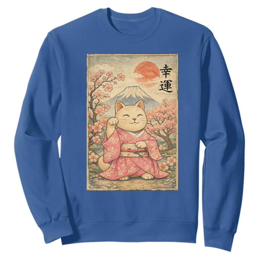 Japanese Anime Maneki Neko Sweatshirt Kawaii Waving Cat Good Luck Kanji TS12 Royal Blue Print Your Wear