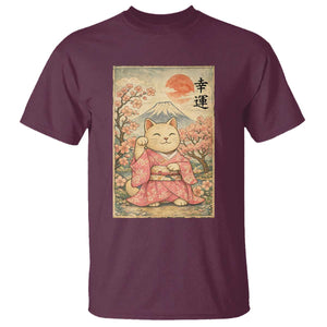 Japanese Anime Maneki Neko T Shirt Kawaii Waving Cat Good Luck Kanji TS12 Maroon Print Your Wear