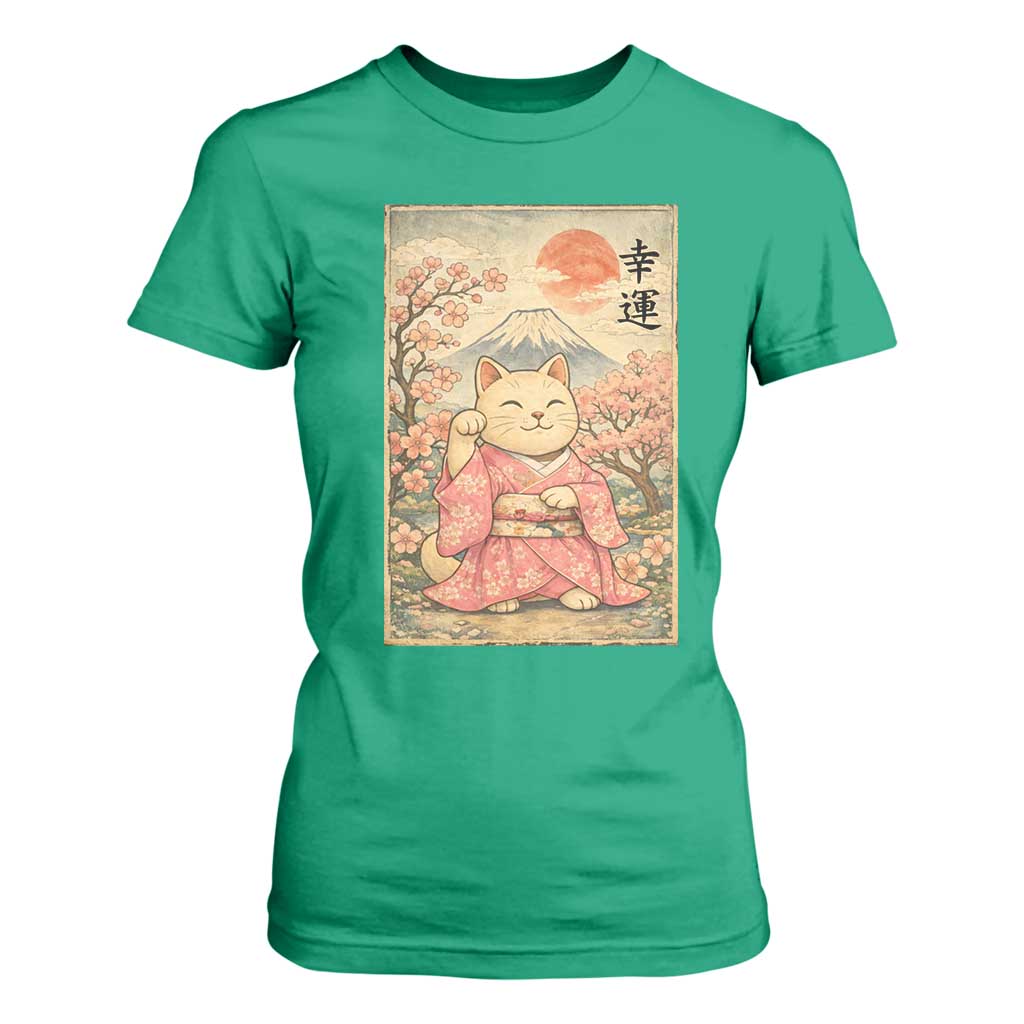 Japanese Anime Maneki Neko T Shirt For Women Kawaii Waving Cat Good Luck Kanji TS12 Irish Green Print Your Wear