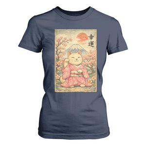 Japanese Anime Maneki Neko T Shirt For Women Kawaii Waving Cat Good Luck Kanji TS12 Navy Print Your Wear