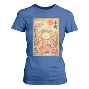 Japanese Anime Maneki Neko T Shirt For Women Kawaii Waving Cat Good Luck Kanji TS12 Royal Blue Print Your Wear