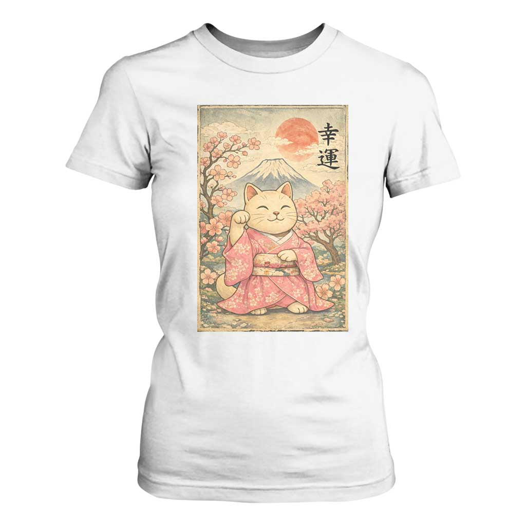 Japanese Anime Maneki Neko T Shirt For Women Kawaii Waving Cat Good Luck Kanji TS12 White Print Your Wear