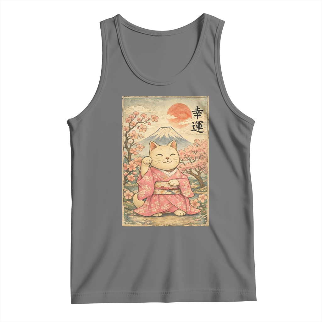 Japanese Anime Maneki Neko Tank Top Kawaii Waving Cat Good Luck Kanji TS12 Black Heather Print Your Wear