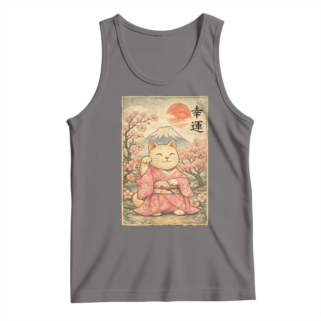 Japanese Anime Maneki Neko Tank Top Kawaii Waving Cat Good Luck Kanji TS12 Deep Heather Print Your Wear