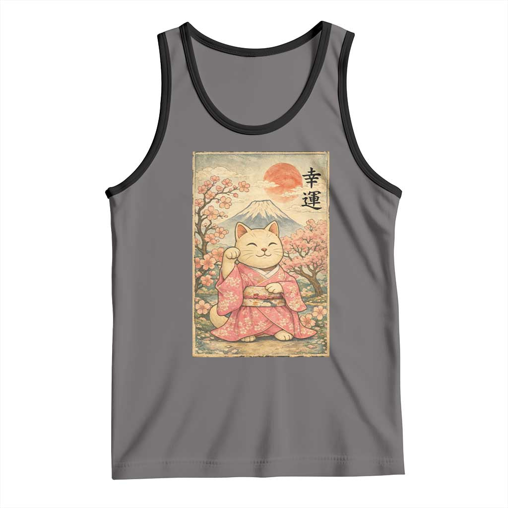 Japanese Anime Maneki Neko Tank Top Kawaii Waving Cat Good Luck Kanji TS12 Deep Heather Black Print Your Wear